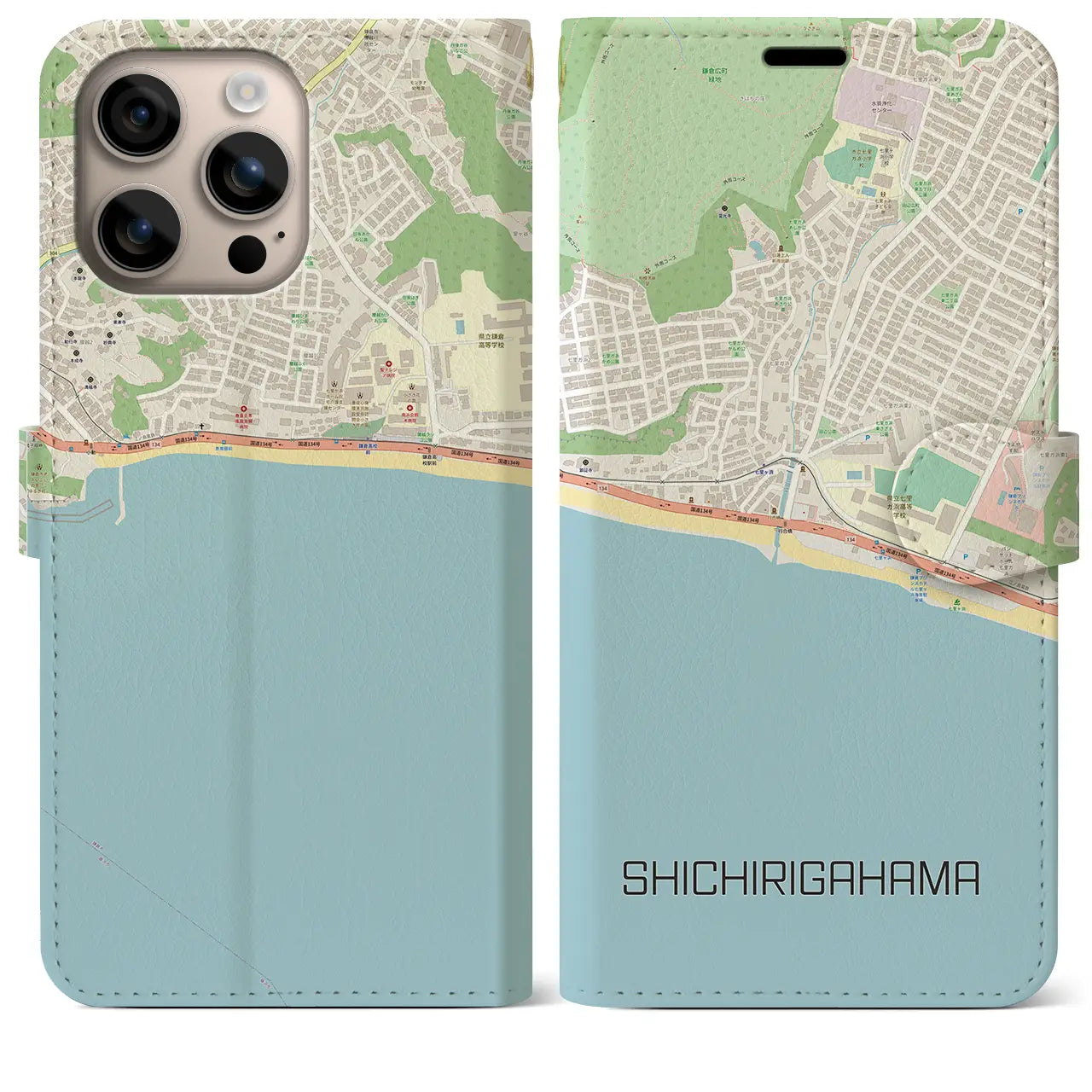 【七里ヶ浜（神奈川県）】地図柄iPhoneケース（手帳タイプ）ナチュラル・iPhone 16 Plus 用