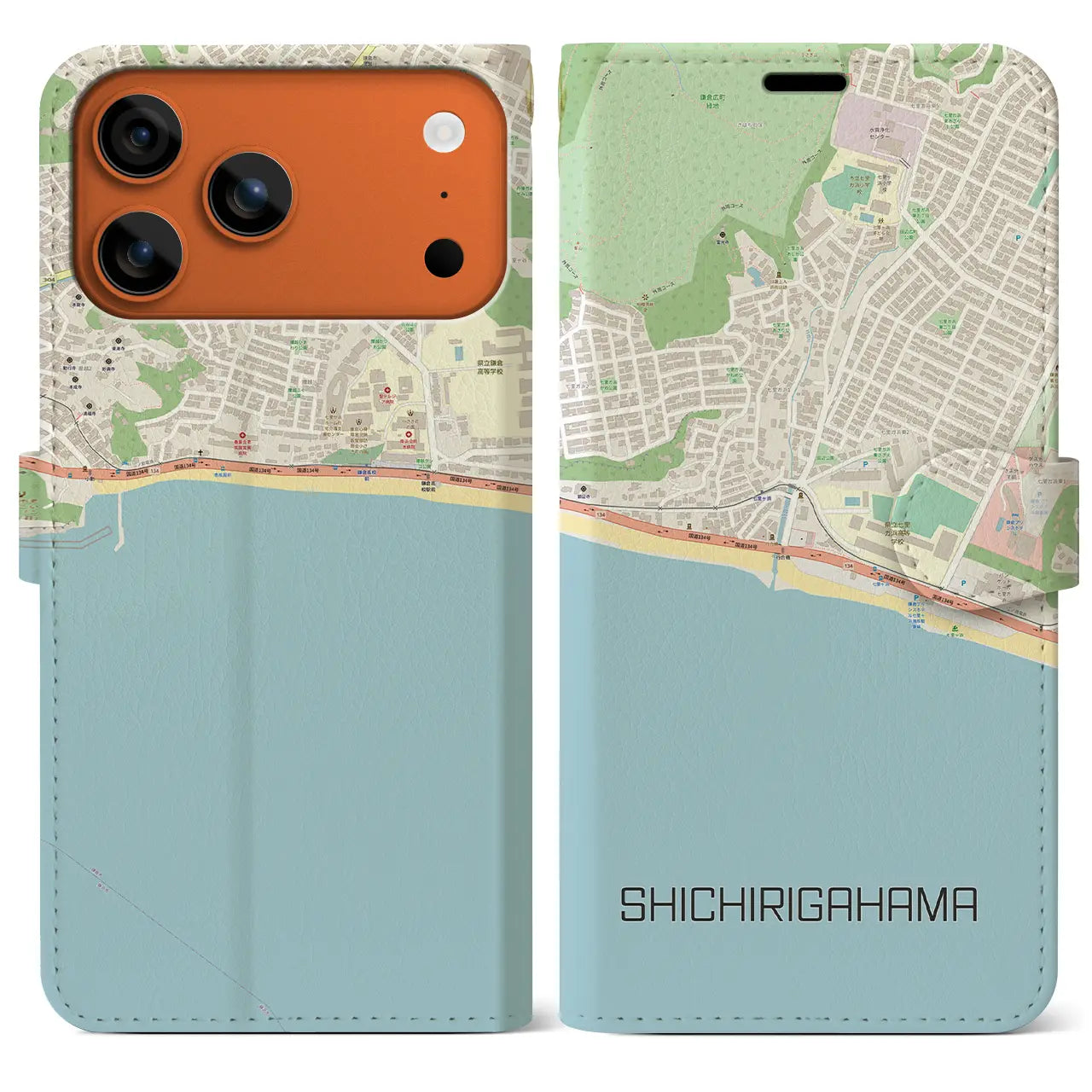 【七里ヶ浜（神奈川県）】地図柄iPhoneケース（手帳タイプ）ナチュラル・iPhone 17 Pro Max 用