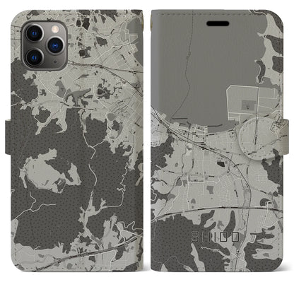 【志度（香川県）】地図柄iPhoneケース（手帳タイプ）モノトーン・iPhone 11 Pro Max 用