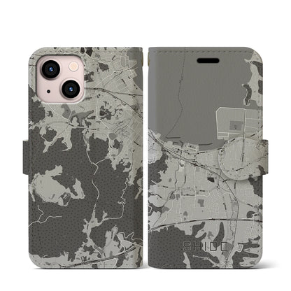 【志度（香川県）】地図柄iPhoneケース（手帳タイプ）モノトーン・iPhone 13 mini 用