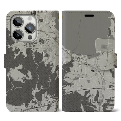 【志度（香川県）】地図柄iPhoneケース（手帳タイプ）モノトーン・iPhone 15 Pro 用
