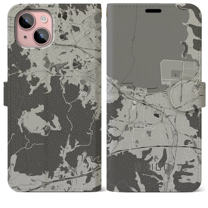 【志度（香川県）】地図柄iPhoneケース（手帳タイプ）モノトーン・iPhone 15 Plus 用