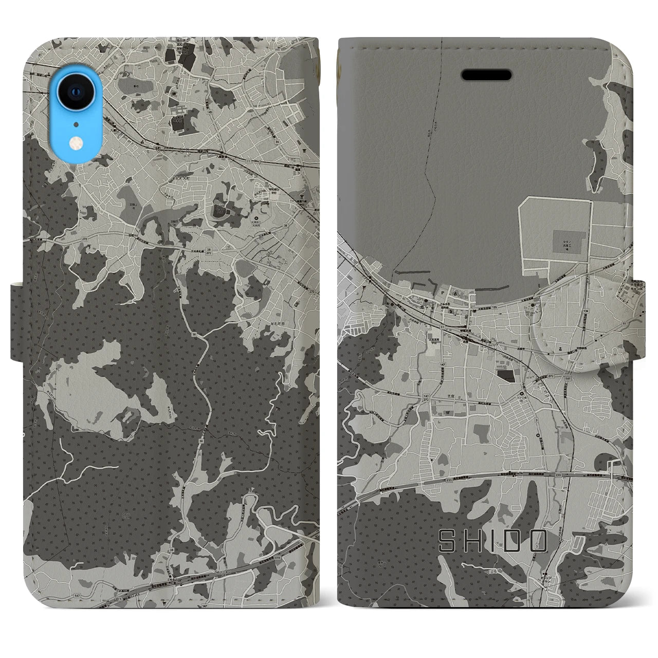 【志度】地図柄iPhoneケース（手帳両面タイプ・モノトーン）iPhone XR 用