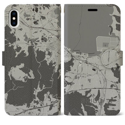 【志度（香川県）】地図柄iPhoneケース（手帳タイプ）モノトーン・iPhone XS Max 用