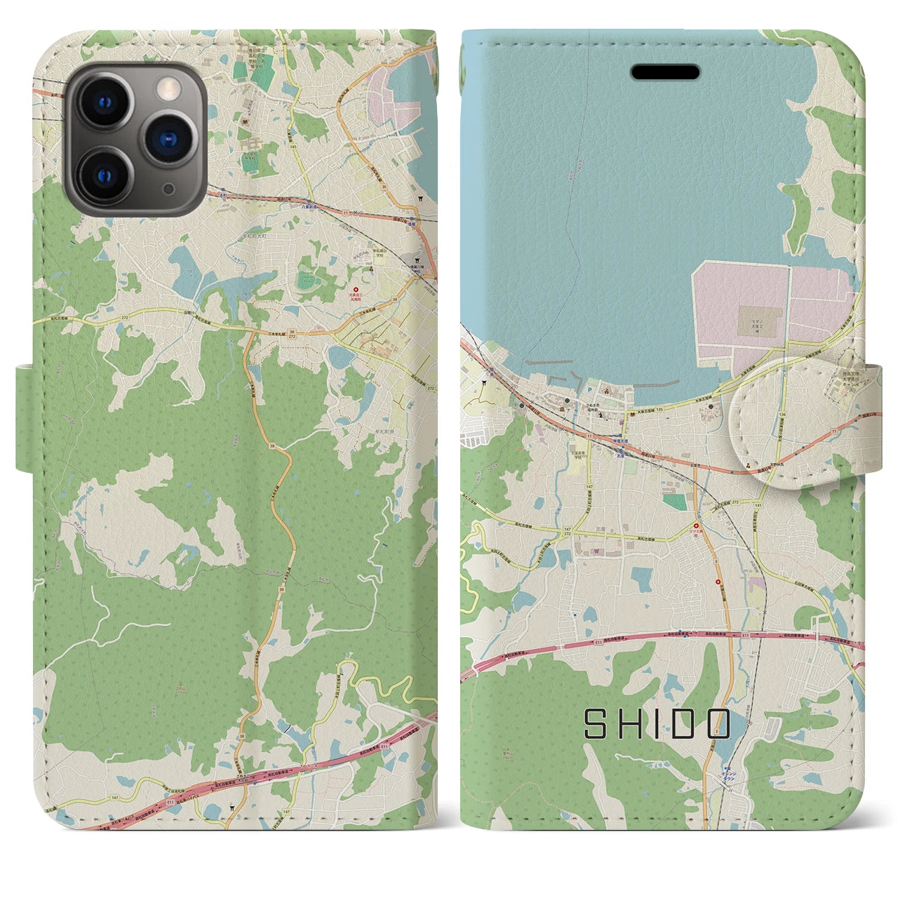 【志度】地図柄iPhoneケース（手帳両面タイプ・ナチュラル）iPhone 11 Pro Max 用