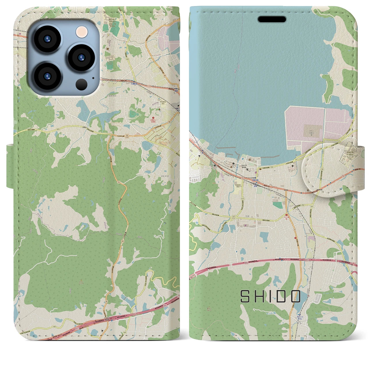 【志度】地図柄iPhoneケース（手帳両面タイプ・ナチュラル）iPhone 13 Pro Max 用