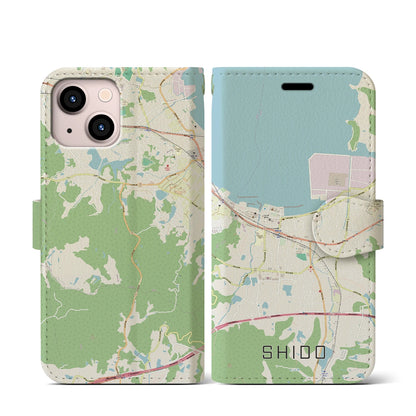 【志度（香川県）】地図柄iPhoneケース（手帳タイプ）ナチュラル・iPhone 13 mini 用