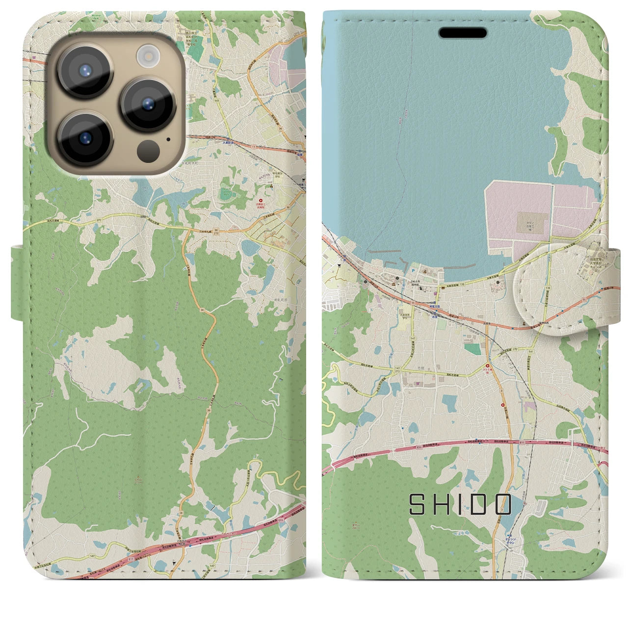【志度】地図柄iPhoneケース（手帳両面タイプ・ナチュラル）iPhone 14 Pro Max 用