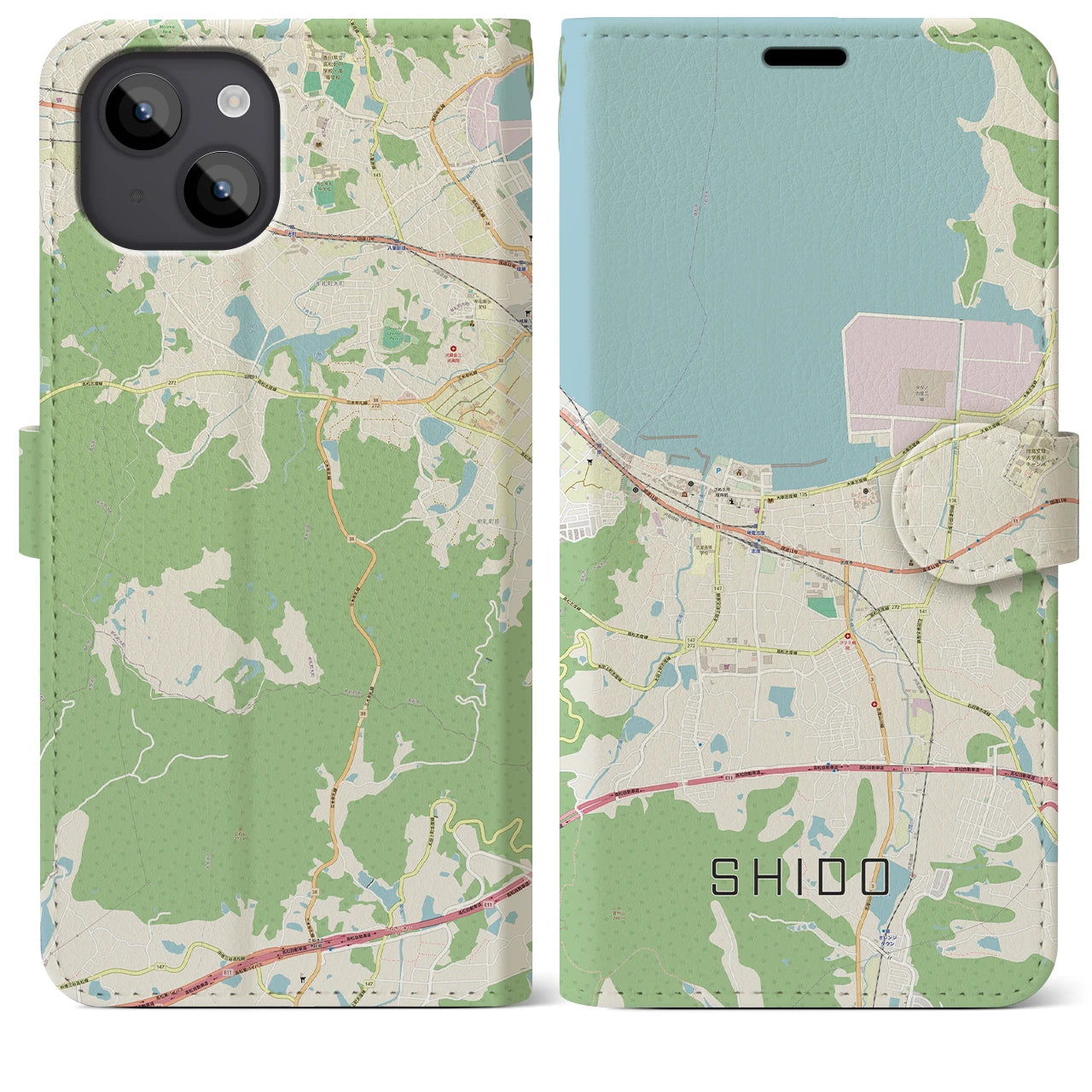 【志度】地図柄iPhoneケース（手帳両面タイプ・ナチュラル）iPhone 14 Plus 用