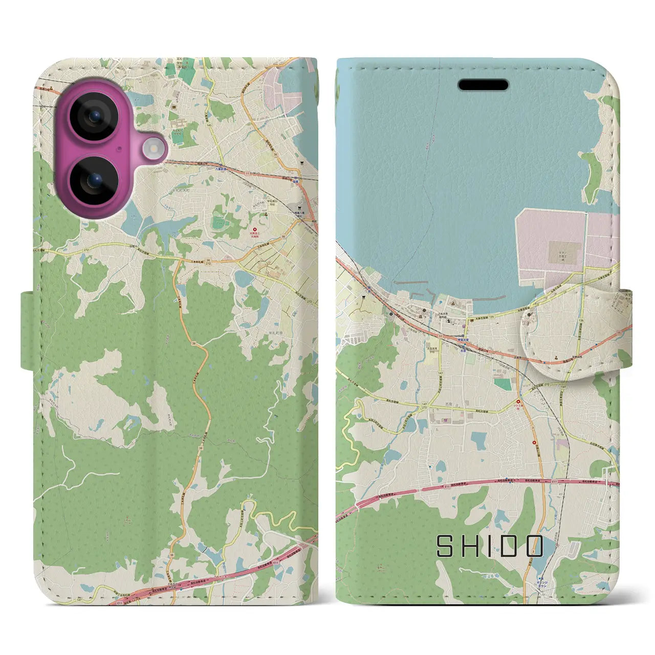 【志度（香川県）】地図柄iPhoneケース（手帳タイプ）ナチュラル・iPhone 16 Pro 用