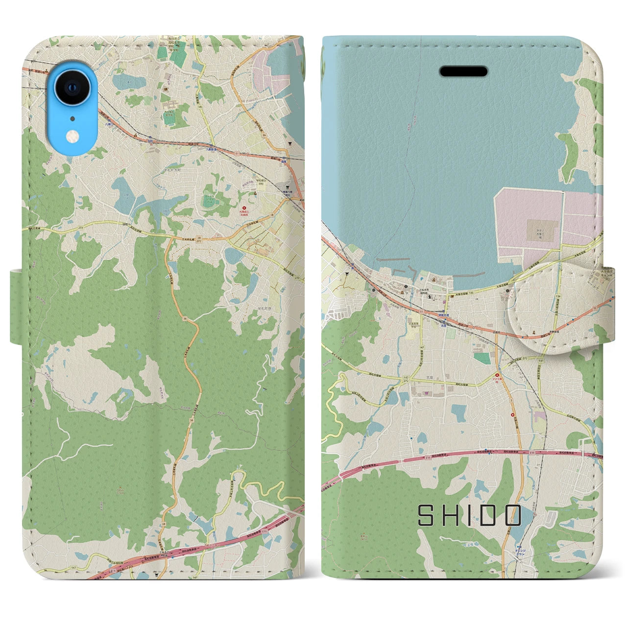 【志度】地図柄iPhoneケース（手帳両面タイプ・ナチュラル）iPhone XR 用