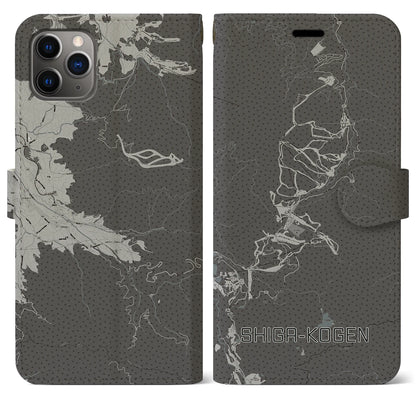 【志賀高原（長野県）】地図柄iPhoneケース（手帳タイプ）モノトーン・iPhone 11 Pro Max 用