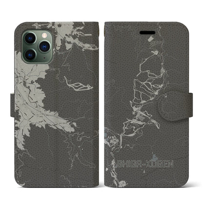 【志賀高原（長野県）】地図柄iPhoneケース（手帳タイプ）モノトーン・iPhone 11 Pro 用