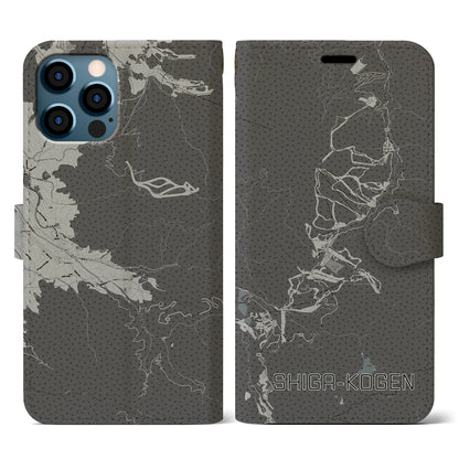 【志賀高原（長野県）】地図柄iPhoneケース（手帳タイプ）モノトーン・iPhone 12 / 12 Pro 用