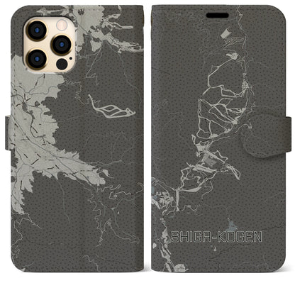 【志賀高原（長野県）】地図柄iPhoneケース（手帳タイプ）モノトーン・iPhone 12 Pro Max 用