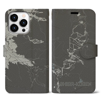 【志賀高原（長野県）】地図柄iPhoneケース（手帳タイプ）モノトーン・iPhone 13 Pro 用
