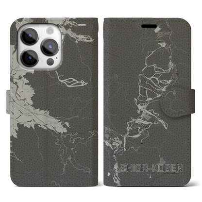 【志賀高原（長野県）】地図柄iPhoneケース（手帳タイプ）モノトーン・iPhone 14 Pro 用