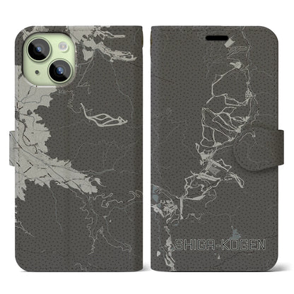 【志賀高原（長野県）】地図柄iPhoneケース（手帳タイプ）モノトーン・iPhone 15 用
