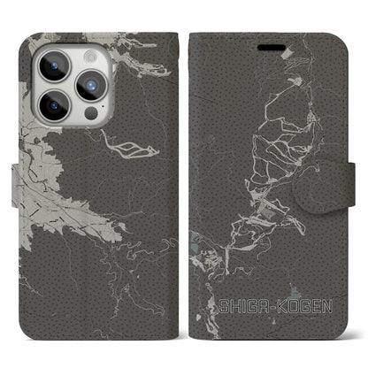 【志賀高原（長野県）】地図柄iPhoneケース（手帳タイプ）モノトーン・iPhone 15 Pro 用