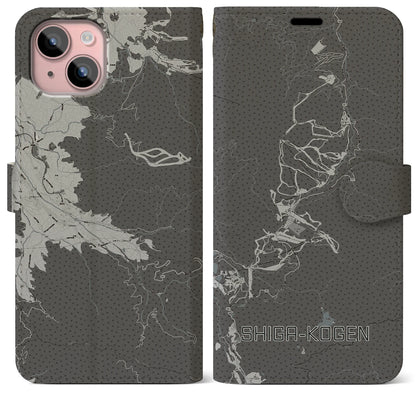 【志賀高原（長野県）】地図柄iPhoneケース（手帳タイプ）モノトーン・iPhone 15 Plus 用