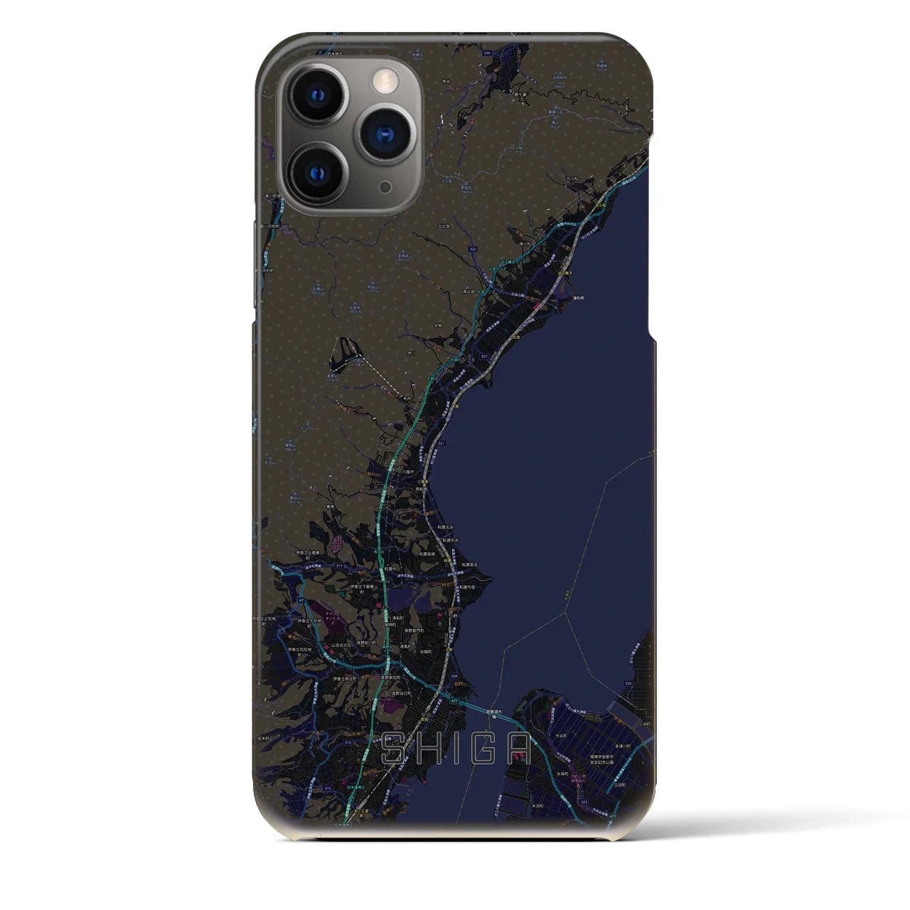 【志賀】地図柄iPhoneケース（バックカバータイプ・ブラック）iPhone 11 Pro Max 用