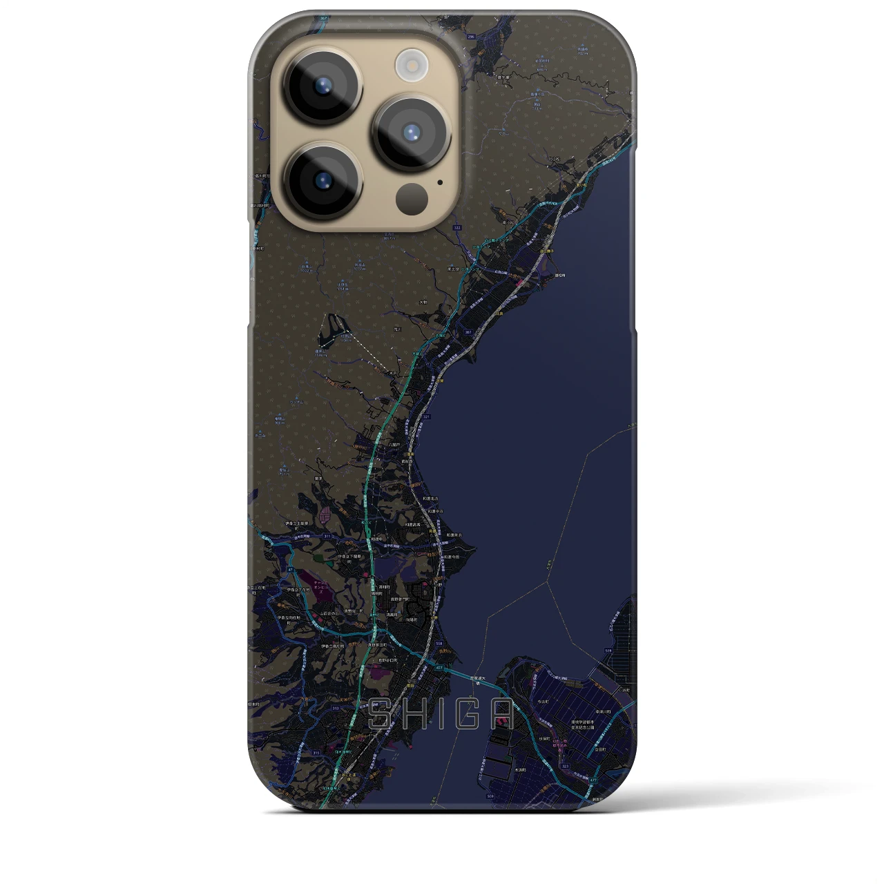 【志賀】地図柄iPhoneケース（バックカバータイプ・ブラック）iPhone 14 Pro Max 用