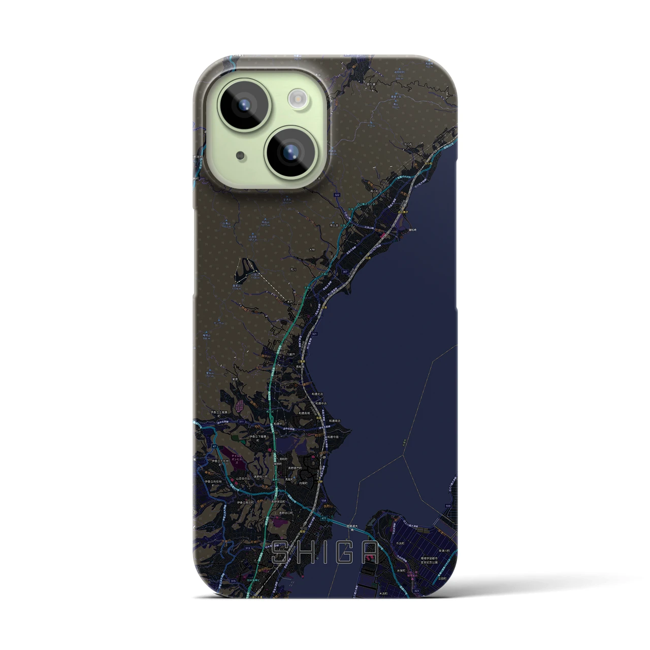 【志賀】地図柄iPhoneケース（バックカバータイプ・ブラック）iPhone 15 用