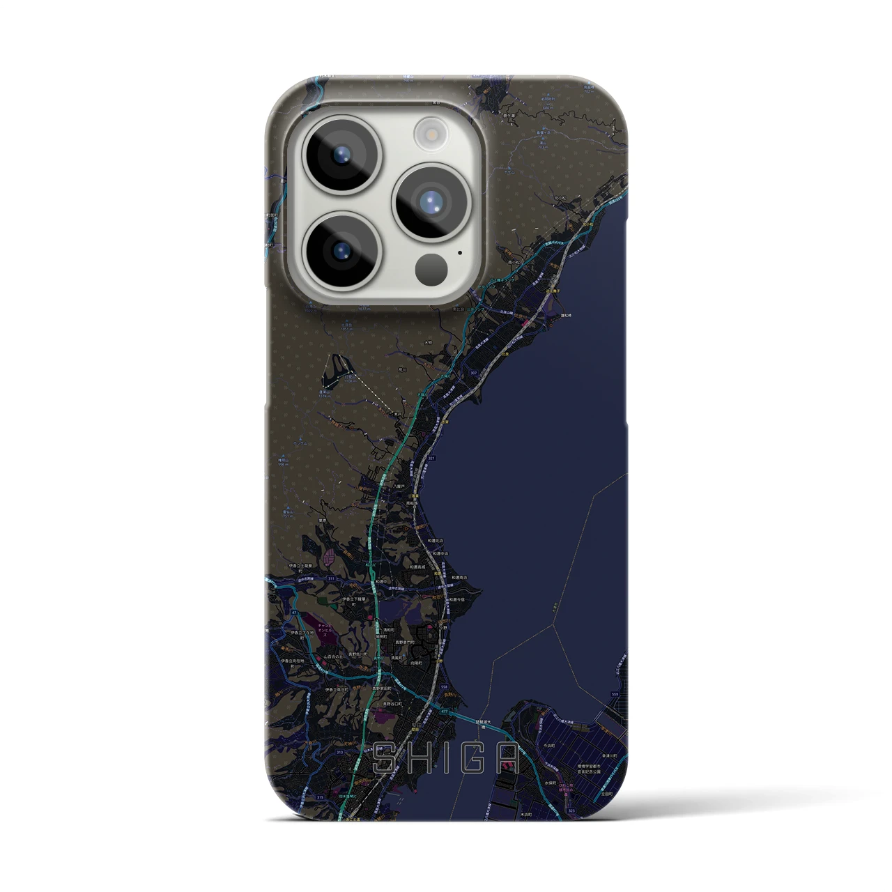 【志賀】地図柄iPhoneケース（バックカバータイプ・ブラック）iPhone 15 Pro 用