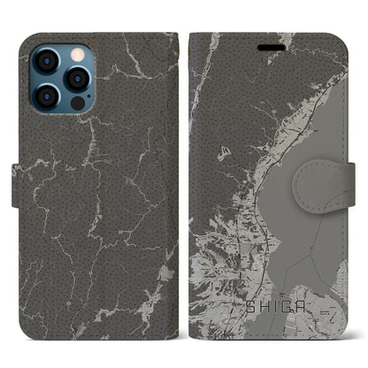 【志賀（滋賀県）】地図柄iPhoneケース（手帳タイプ）モノトーン・iPhone 12 / 12 Pro 用