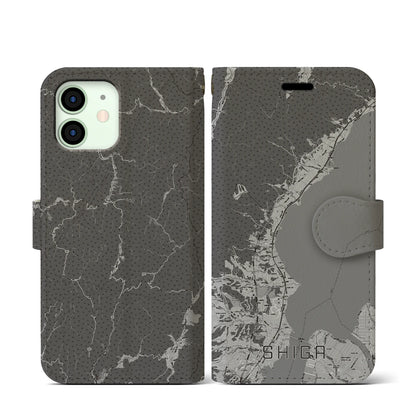 【志賀（滋賀県）】地図柄iPhoneケース（手帳タイプ）モノトーン・iPhone 12 mini 用