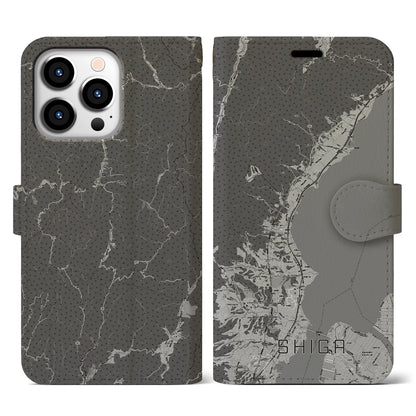 【志賀（滋賀県）】地図柄iPhoneケース（手帳タイプ）モノトーン・iPhone 13 Pro 用