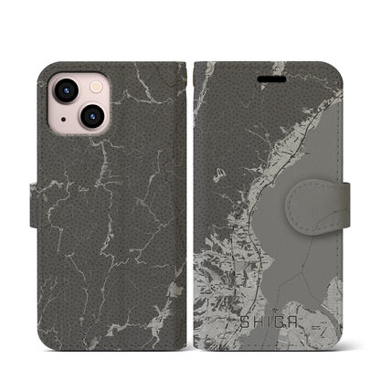 【志賀（滋賀県）】地図柄iPhoneケース（手帳タイプ）モノトーン・iPhone 13 mini 用