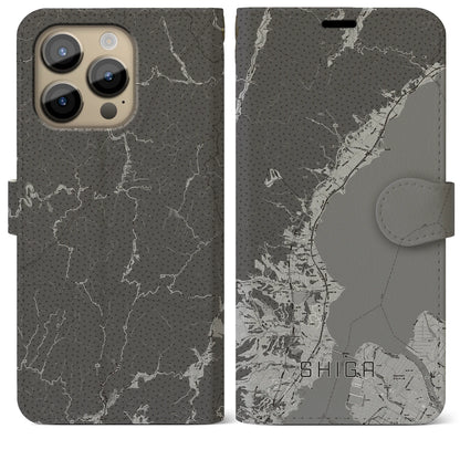 【志賀（滋賀県）】地図柄iPhoneケース（手帳タイプ）モノトーン・iPhone 14 Pro Max 用