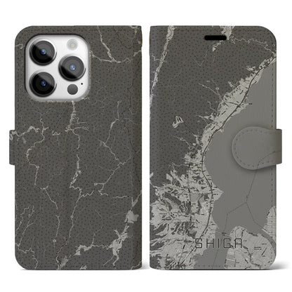 【志賀（滋賀県）】地図柄iPhoneケース（手帳タイプ）モノトーン・iPhone 14 Pro 用
