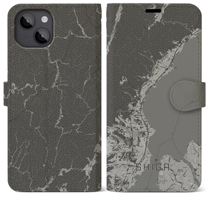 【志賀（滋賀県）】地図柄iPhoneケース（手帳タイプ）モノトーン・iPhone 14 Plus 用