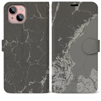 【志賀（滋賀県）】地図柄iPhoneケース（手帳タイプ）モノトーン・iPhone 15 Plus 用