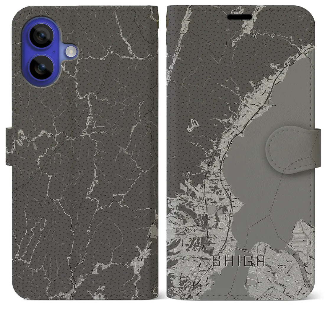 【志賀(滋賀県)】地図柄iPhoneケース(手帳タイプ)モノトーン・iPhone 16 Pro Max 用