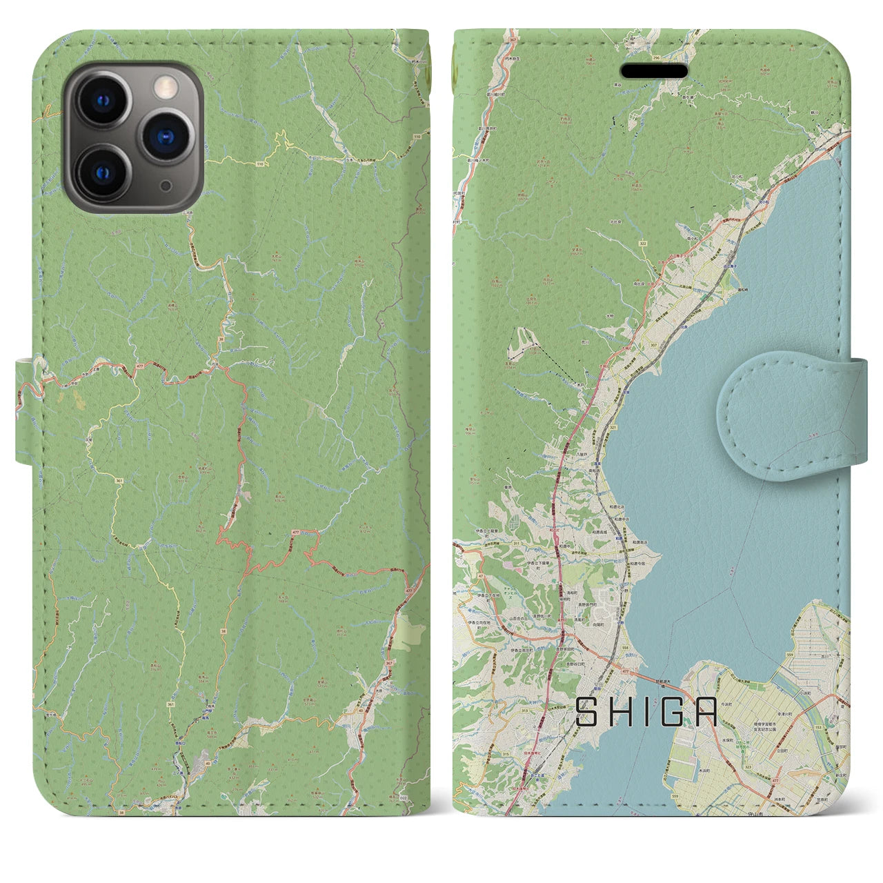 【志賀】地図柄iPhoneケース（手帳両面タイプ・ナチュラル）iPhone 11 Pro Max 用