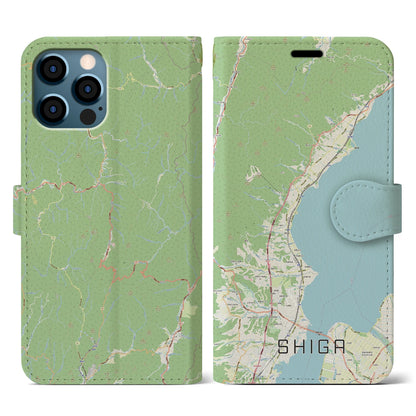 【志賀（滋賀県）】地図柄iPhoneケース（手帳タイプ）ナチュラル・iPhone 12 / 12 Pro 用