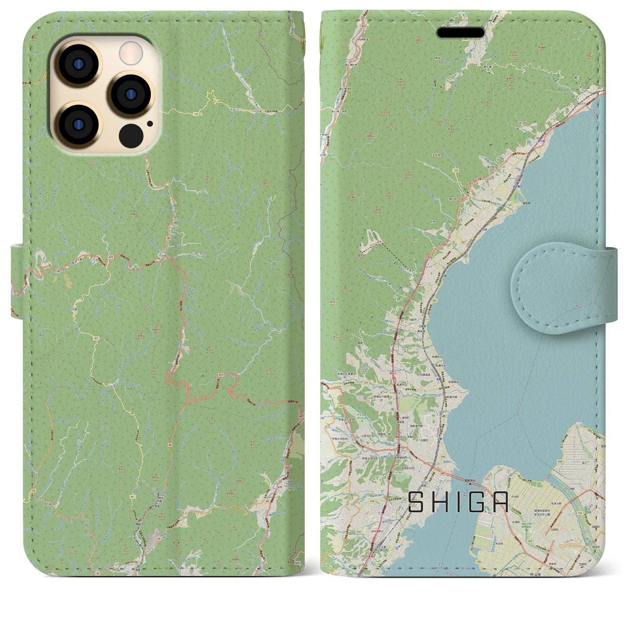 【志賀】地図柄iPhoneケース（手帳両面タイプ・ナチュラル）iPhone 12 Pro Max 用