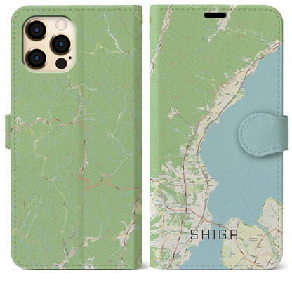 【志賀（滋賀県）】地図柄iPhoneケース（手帳タイプ）ナチュラル・iPhone 12 Pro Max 用