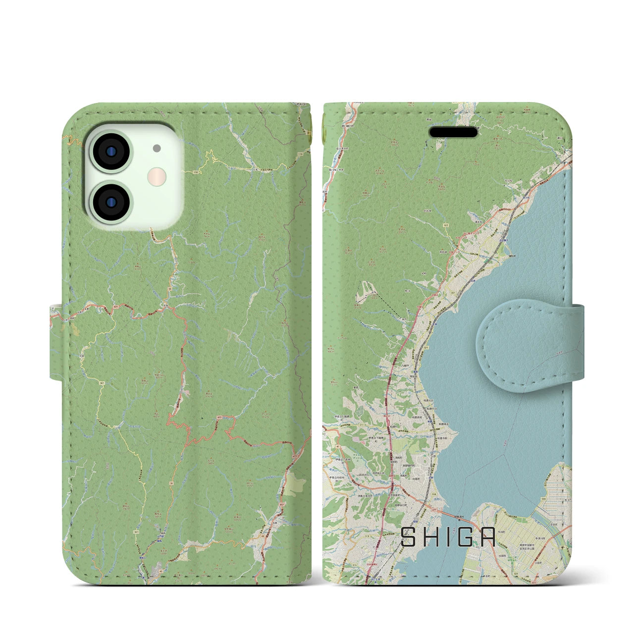【志賀】地図柄iPhoneケース（手帳両面タイプ・ナチュラル）iPhone 12 mini 用