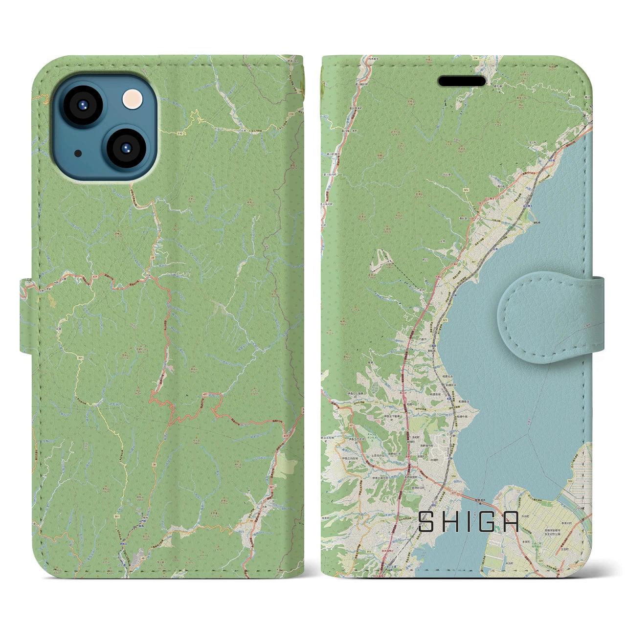 【志賀】地図柄iPhoneケース（手帳両面タイプ・ナチュラル）iPhone 13 用