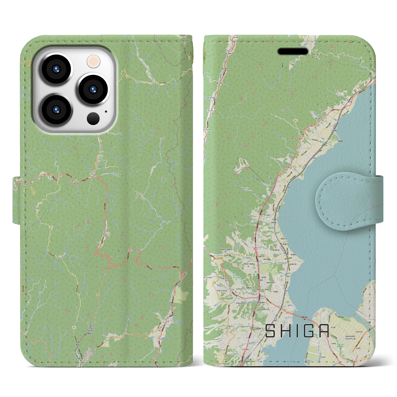 【志賀】地図柄iPhoneケース（手帳両面タイプ・ナチュラル）iPhone 13 Pro 用
