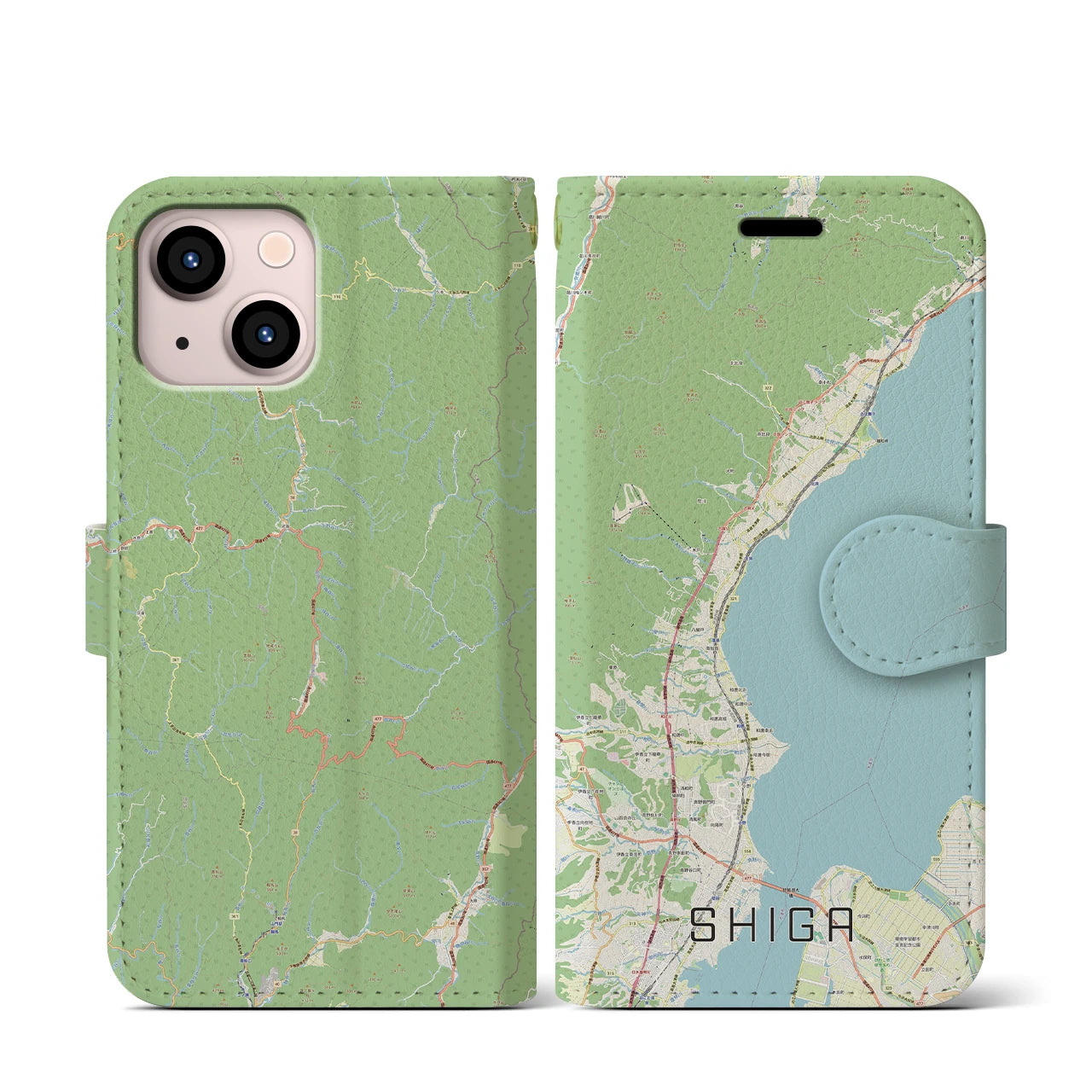 【志賀】地図柄iPhoneケース（手帳両面タイプ・ナチュラル）iPhone 13 mini 用