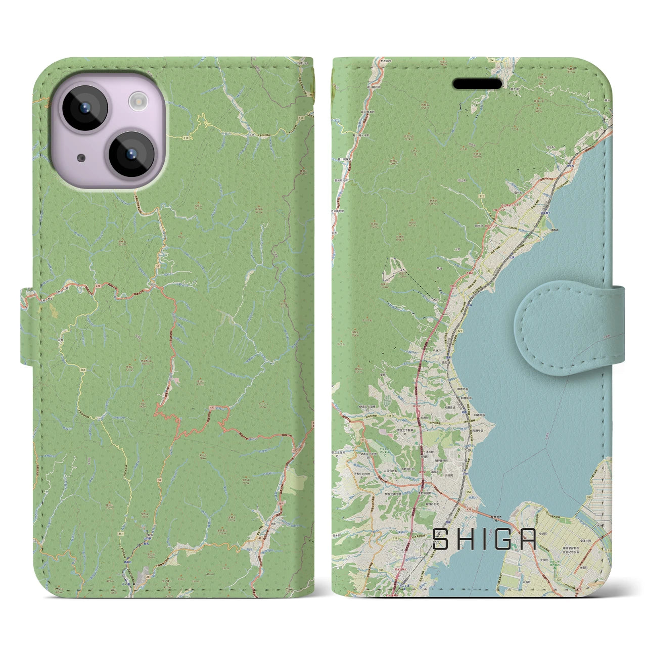 【志賀】地図柄iPhoneケース（手帳両面タイプ・ナチュラル）iPhone 14 用