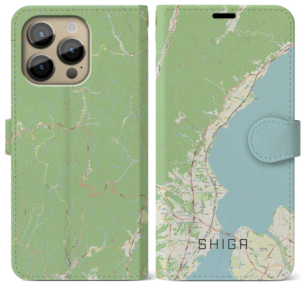 【志賀】地図柄iPhoneケース（手帳両面タイプ・ナチュラル）iPhone 14 Pro Max 用