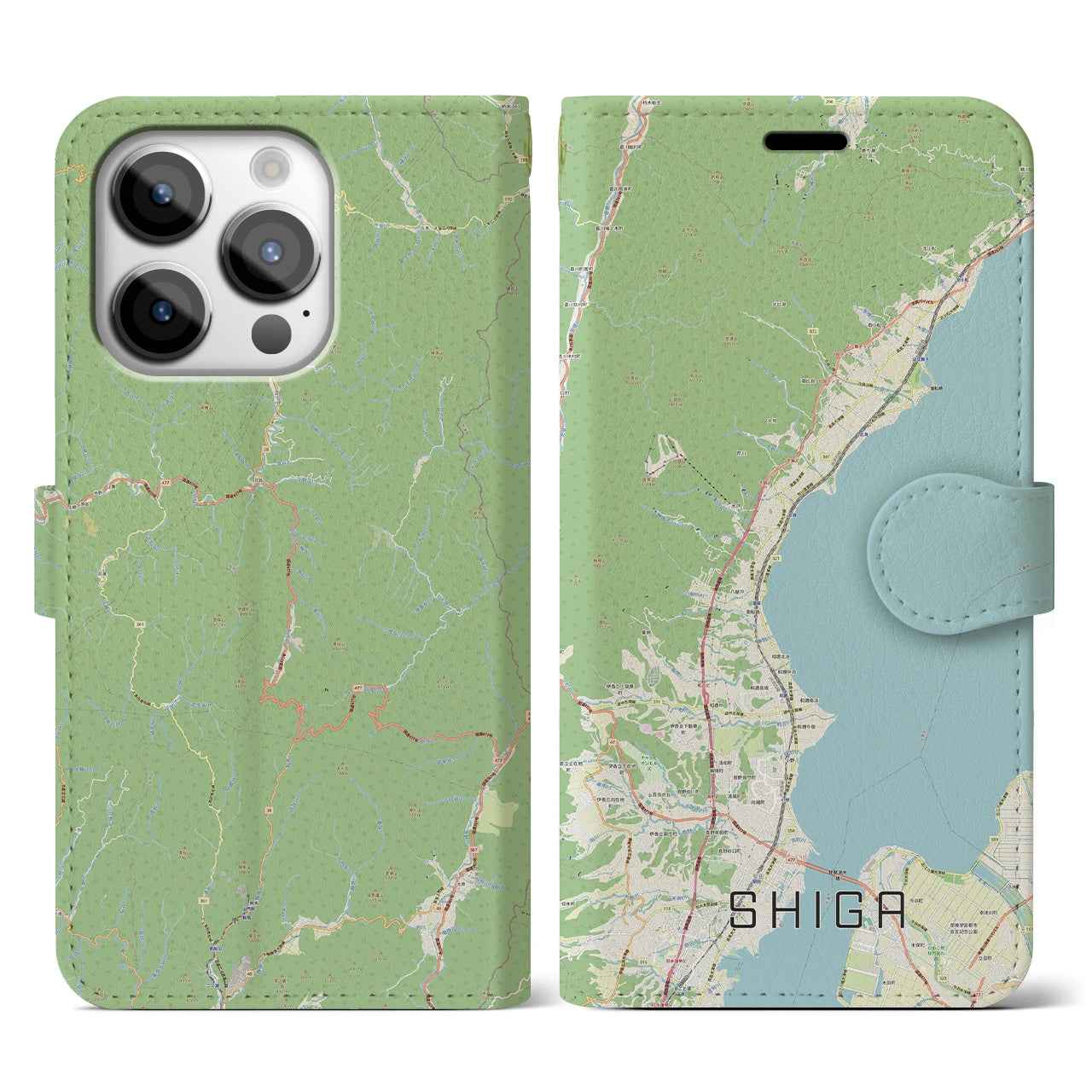 【志賀】地図柄iPhoneケース（手帳両面タイプ・ナチュラル）iPhone 14 Pro 用