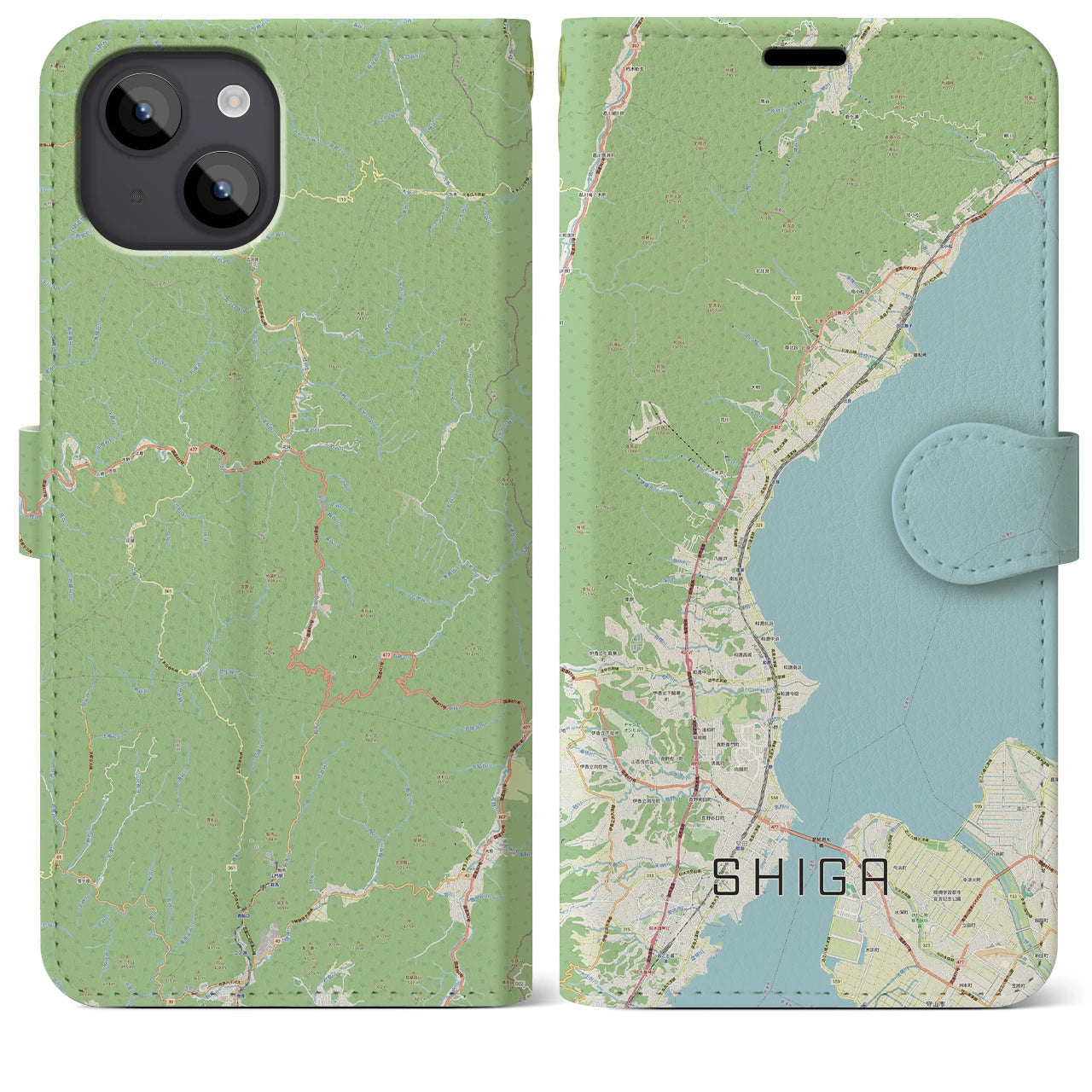 【志賀】地図柄iPhoneケース（手帳両面タイプ・ナチュラル）iPhone 14 Plus 用