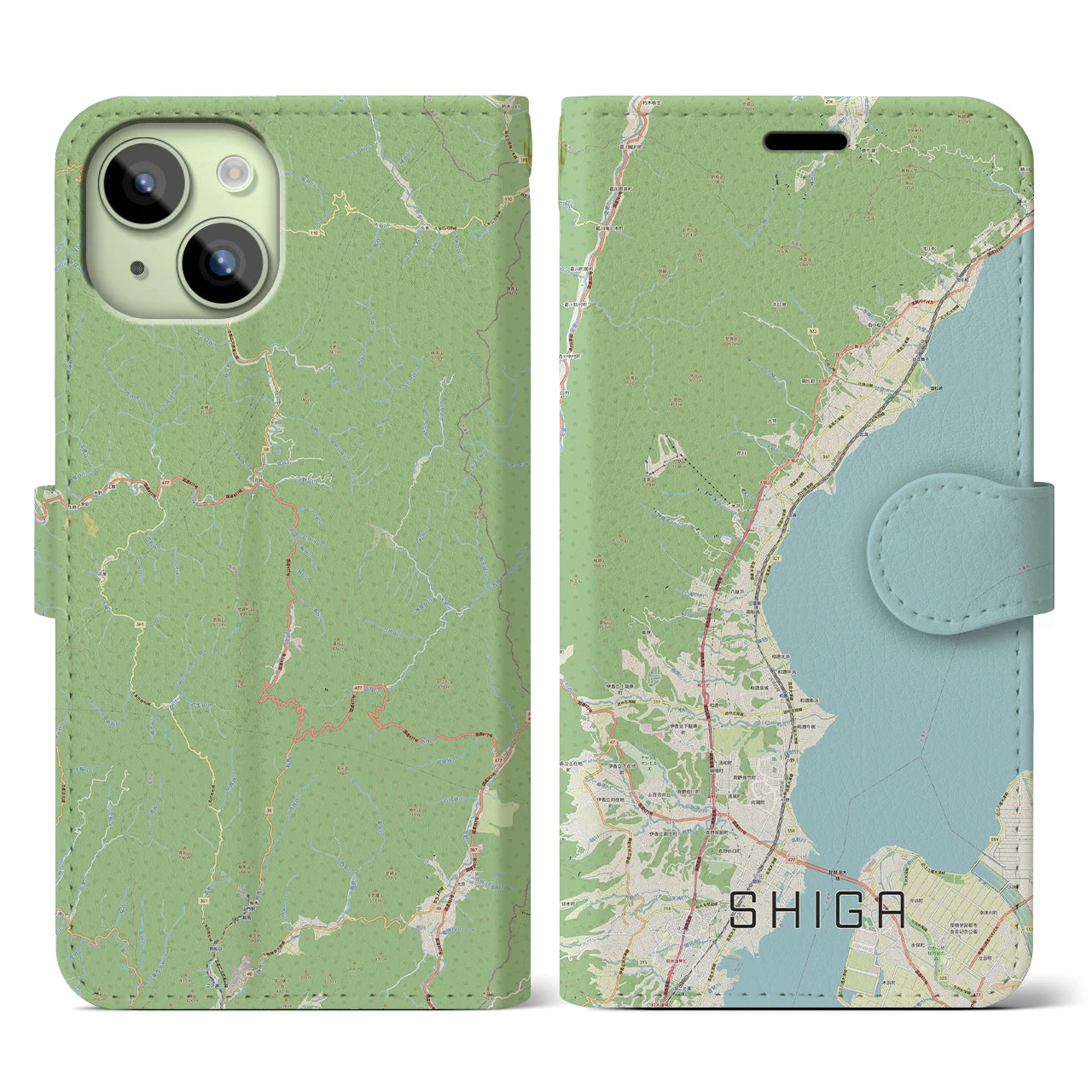 【志賀】地図柄iPhoneケース（手帳両面タイプ・ナチュラル）iPhone 15 用